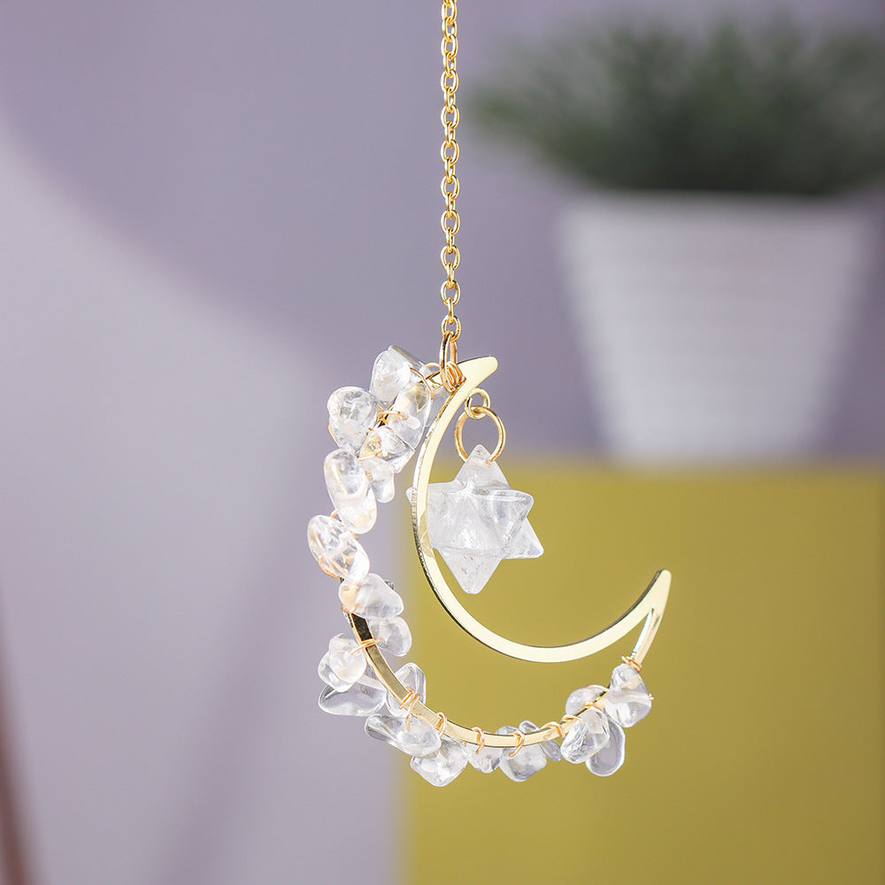 Handmade Crystal Broken Stone Moon Pendant DIY Wind Chime Ornament Gift