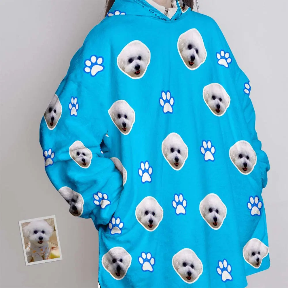 Personalised Custom Face Blanket Hoodie Pyjama Gift for Women/ Men with Pet Paw Design