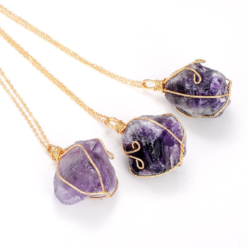 Handmade Wire-Wrapped Natural Quartz Pendant Necklace with Amethyst & Fluorite