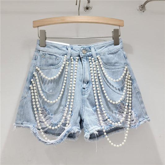 Handmade Bead-Embellished Denim Shorts with Frayed Edges, Washed Finish, High-Waisted Slimming Fit Hot Pants