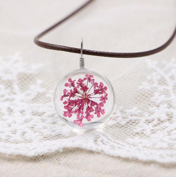 Handmade Boho Resin Necklace with Dried Gypsophila Flower Pendant for Women