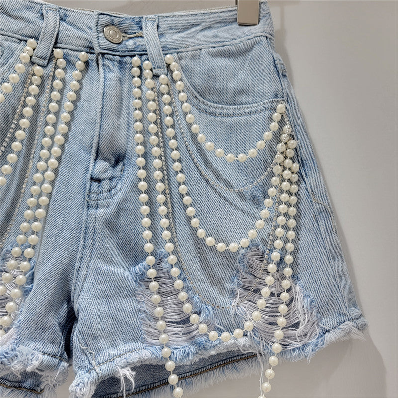 Handmade Bead-Embellished Denim Shorts with Frayed Edges, Washed Finish, High-Waisted Slimming Fit Hot Pants