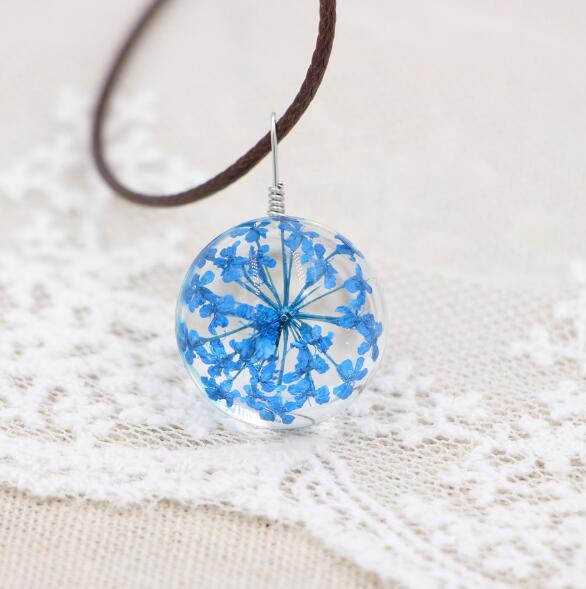 Handmade Boho Resin Necklace with Dried Gypsophila Flower Pendant for Women