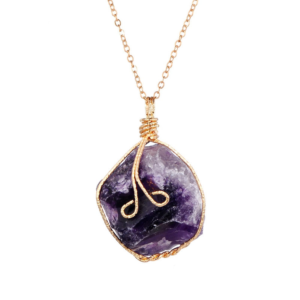 Handmade Wire-Wrapped Natural Quartz Pendant Necklace with Amethyst & Fluorite