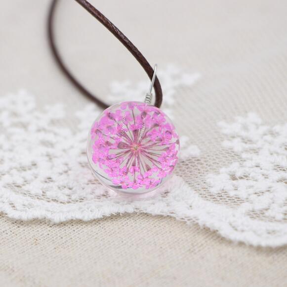 Handmade Boho Resin Necklace with Dried Gypsophila Flower Pendant for Women