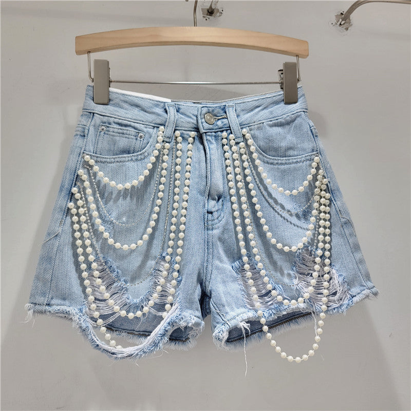 Handmade Bead-Embellished Denim Shorts with Frayed Edges, Washed Finish, High-Waisted Slimming Fit Hot Pants