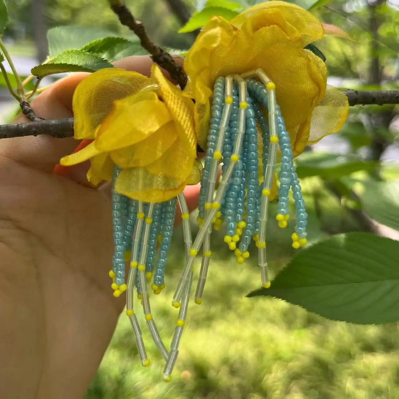 Bohemian Handmade Beaded Chiffon Flower Earrings – Unique Artisan Jewellery for Effortless British Elegance