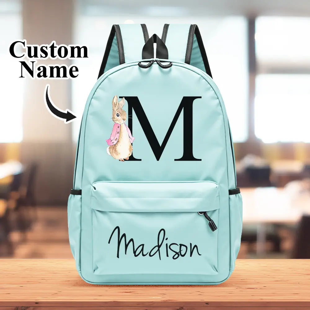 Personalised Kids Backpack with Rabbit Design – Custom Name Initial School Bag – Perfect Back to School Gift for Girls & Boys