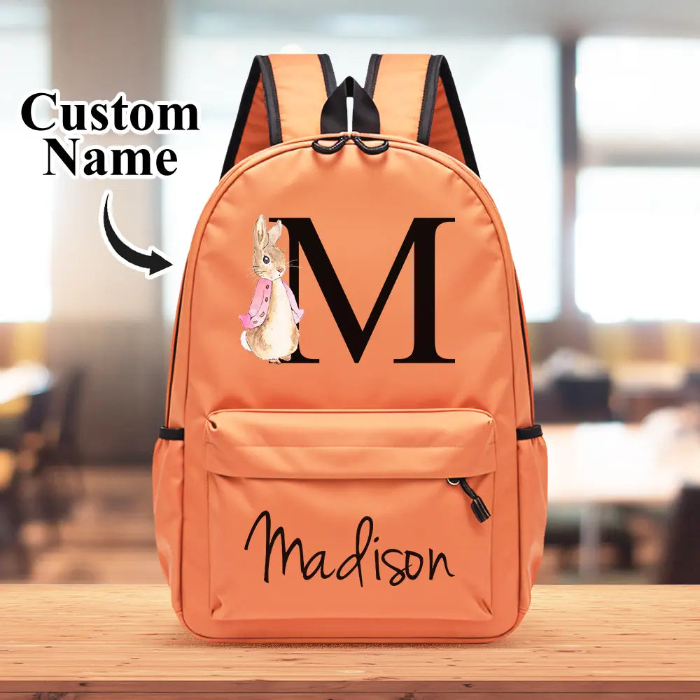 Personalised Kids Backpack with Rabbit Design – Custom Name Initial School Bag – Perfect Back to School Gift for Girls & Boys