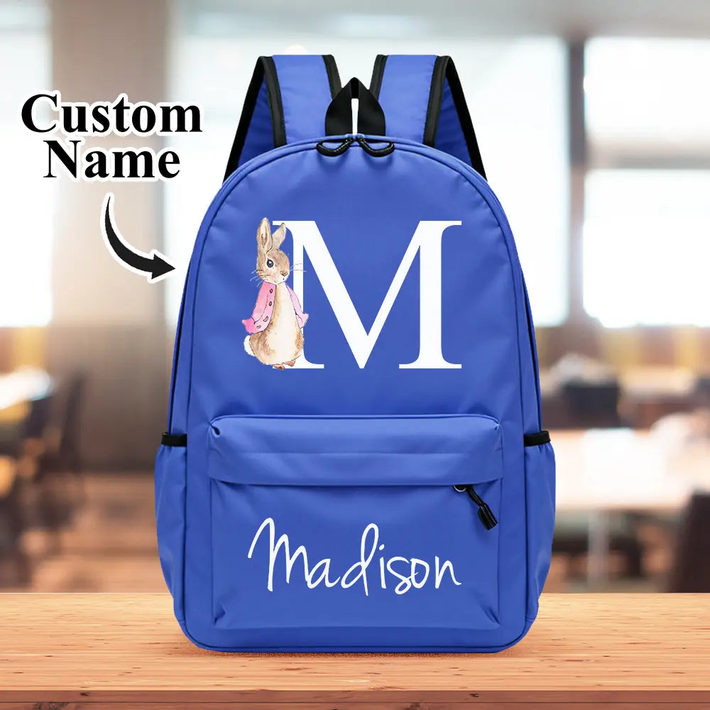 Personalised Kids Backpack with Rabbit Design – Custom Name Initial School Bag – Perfect Back to School Gift for Girls & Boys