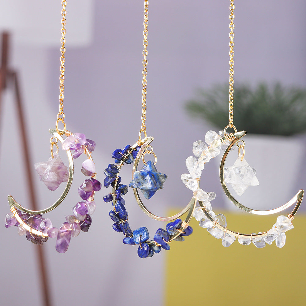 Handmade Crystal Broken Stone Moon Pendant DIY Wind Chime Ornament Gift