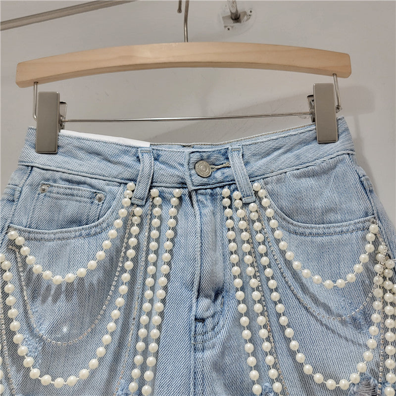 Handmade Bead-Embellished Denim Shorts with Frayed Edges, Washed Finish, High-Waisted Slimming Fit Hot Pants