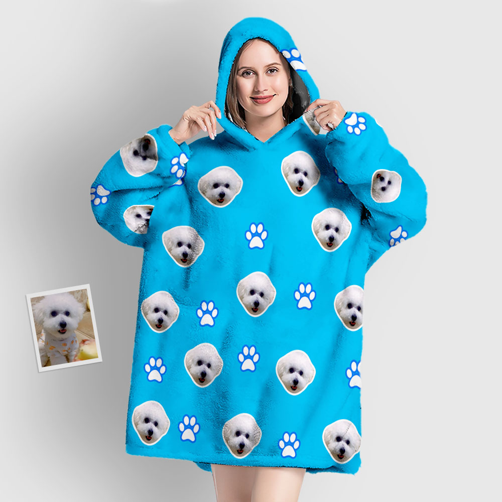 Personalised Custom Face Blanket Hoodie Pyjama Gift for Women/ Men with Pet Paw Design