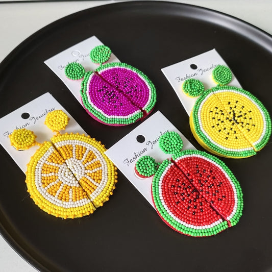 Handmade Boho Fruit Round Dangle Earrings – Lemon & Watermelon Design for Vibrant Summer Style