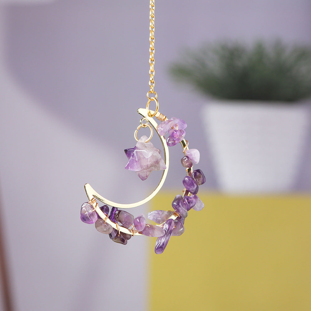 Handmade Crystal Broken Stone Moon Pendant DIY Wind Chime Ornament Gift