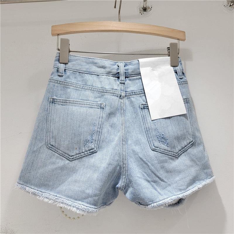 Handmade Bead-Embellished Denim Shorts with Frayed Edges, Washed Finish, High-Waisted Slimming Fit Hot Pants