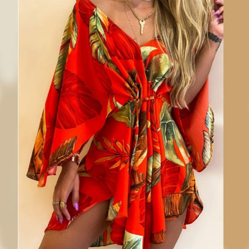 New Sexy V-Neck Irregular Batwing Sleeve Lace-Up Dress - Tropical Summer Style