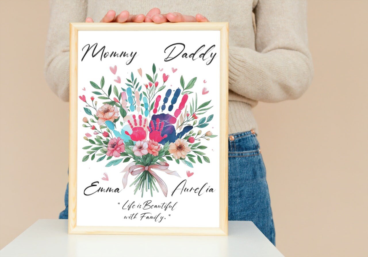 Abstract Family Wall Art - A4 Handprint Poster with Magnetic Frame for Parents